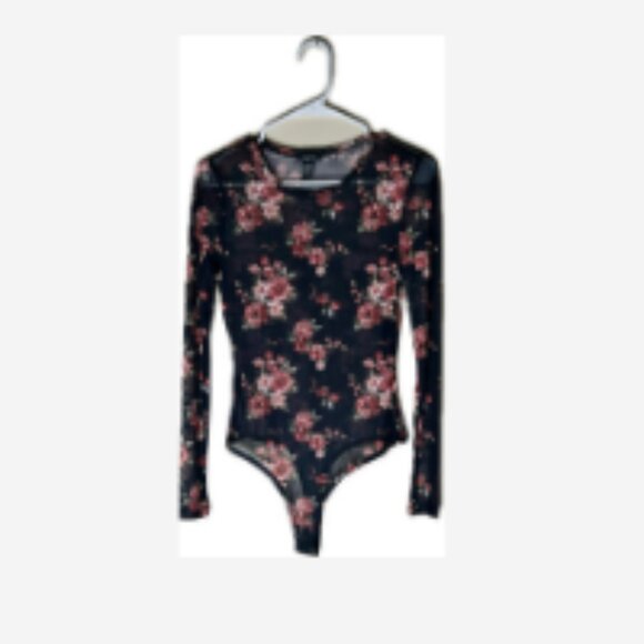 Rue 21 Bodysuit Women's Size Medium Navy Floral Long Sleeves Snap Crotch Sheer - Picture 2 of 5